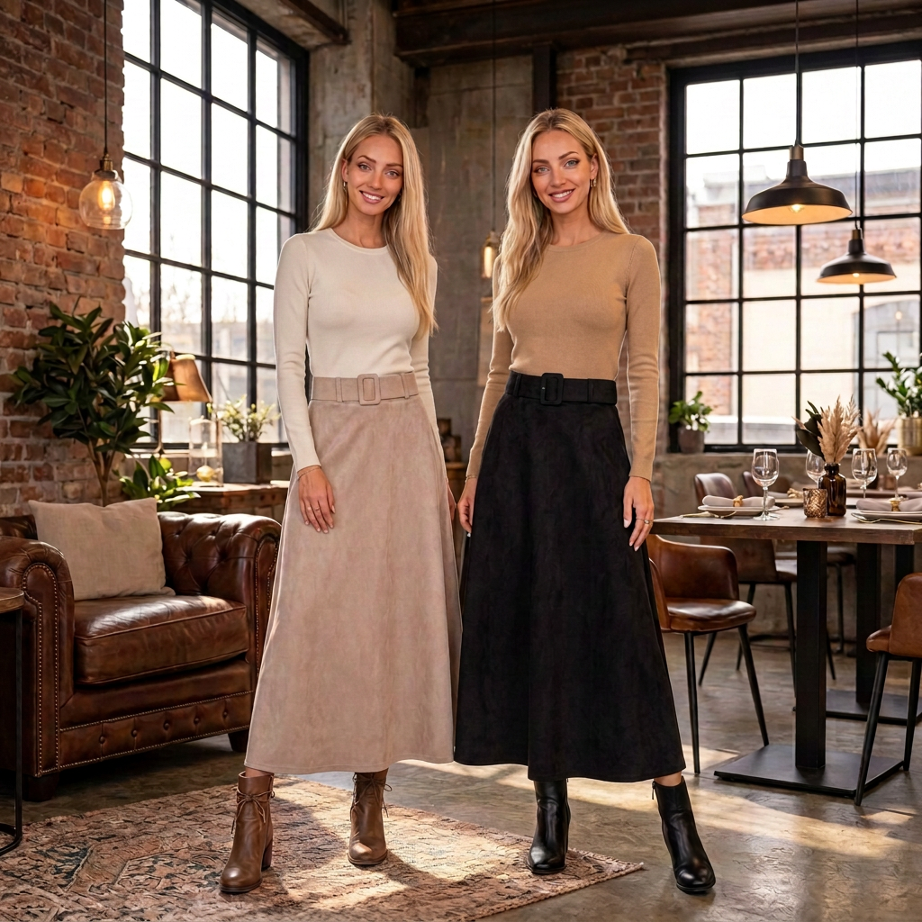 Dwie modelki długa spódnica zamszowa beżowa i czarna restauracja Ella Fashion