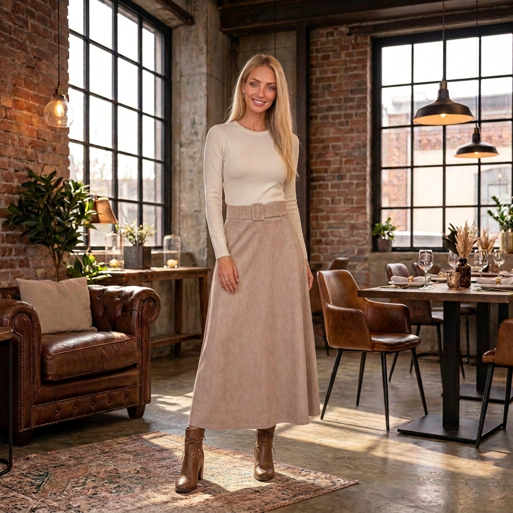 Modelka beżowa spódnica zamszowa długa loft restauracja Ella Fashion