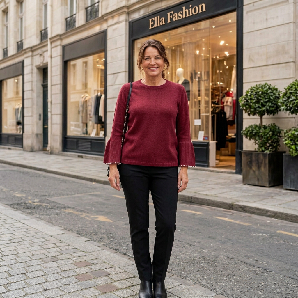 Stijlvolle trui met parels - modelka bordeaux