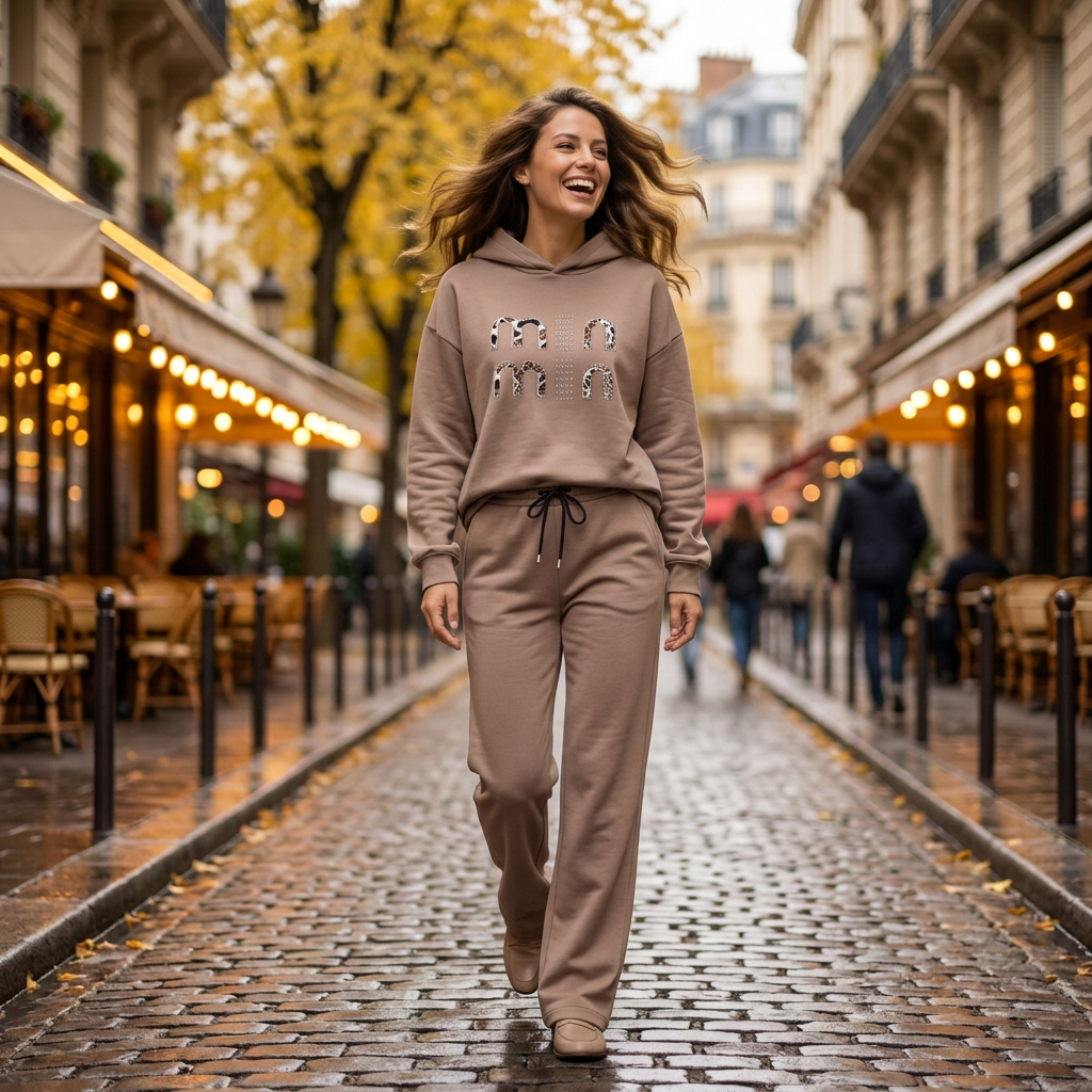 Modelka w ruchu casualpak beige hoodie leopard Ella Fashion