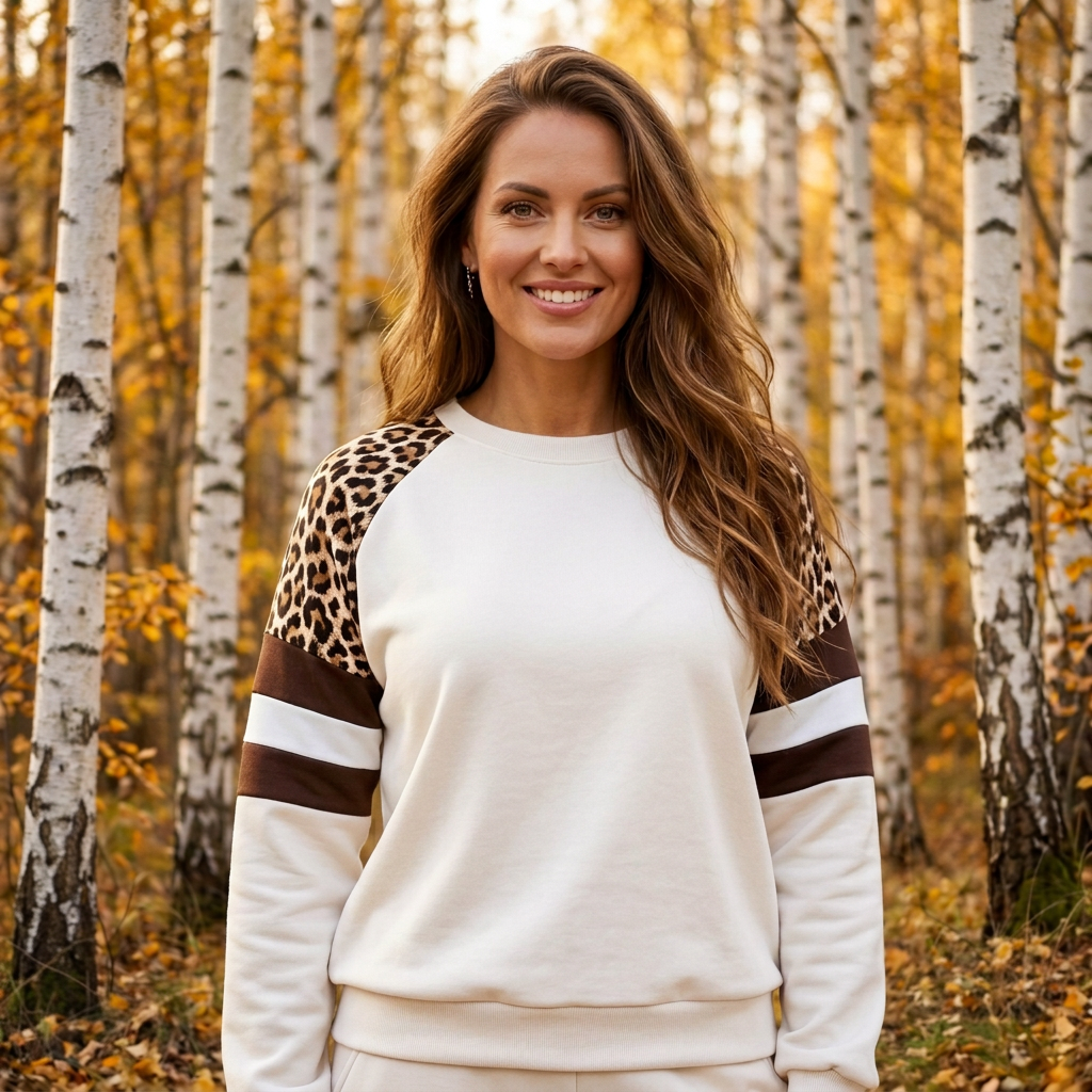 Zbliżenie bluza kremowa ivory leopard wstawki Ella Fashion