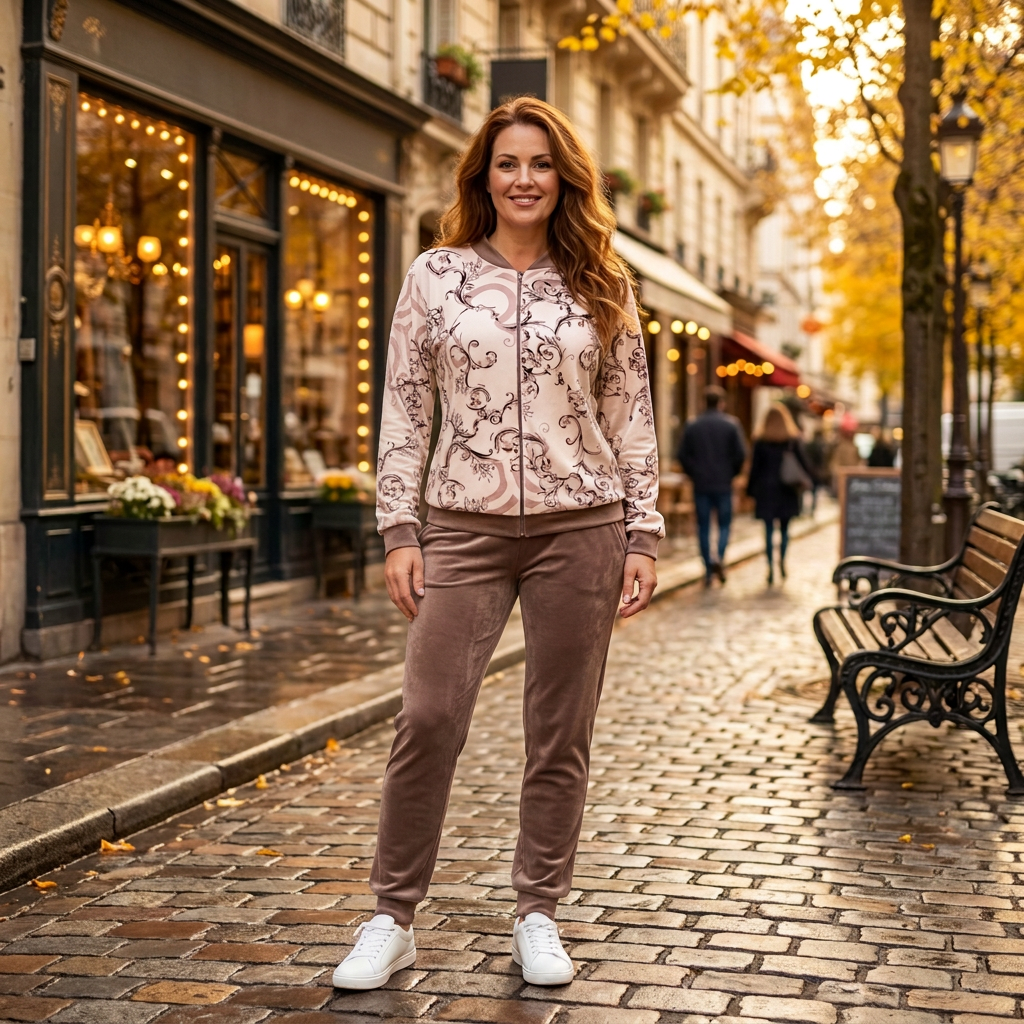 Modelka kremowy welurowy dres barokowy wzór Ella Fashion
