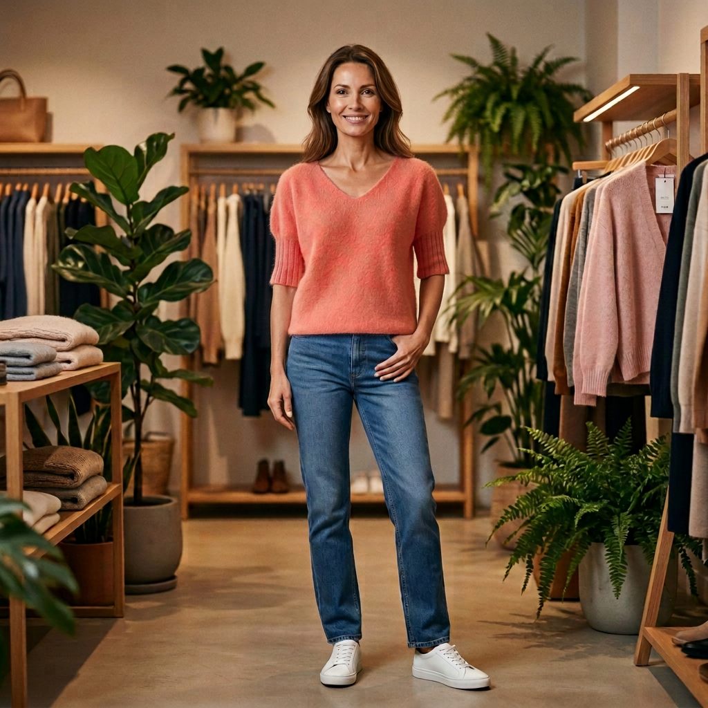 Koralowy sweter na modelce - bez Ŝciągacza