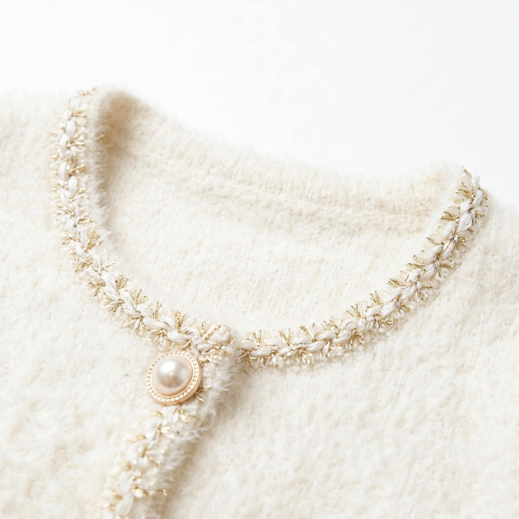 Vest met parelknopen - detail hals met biesjes