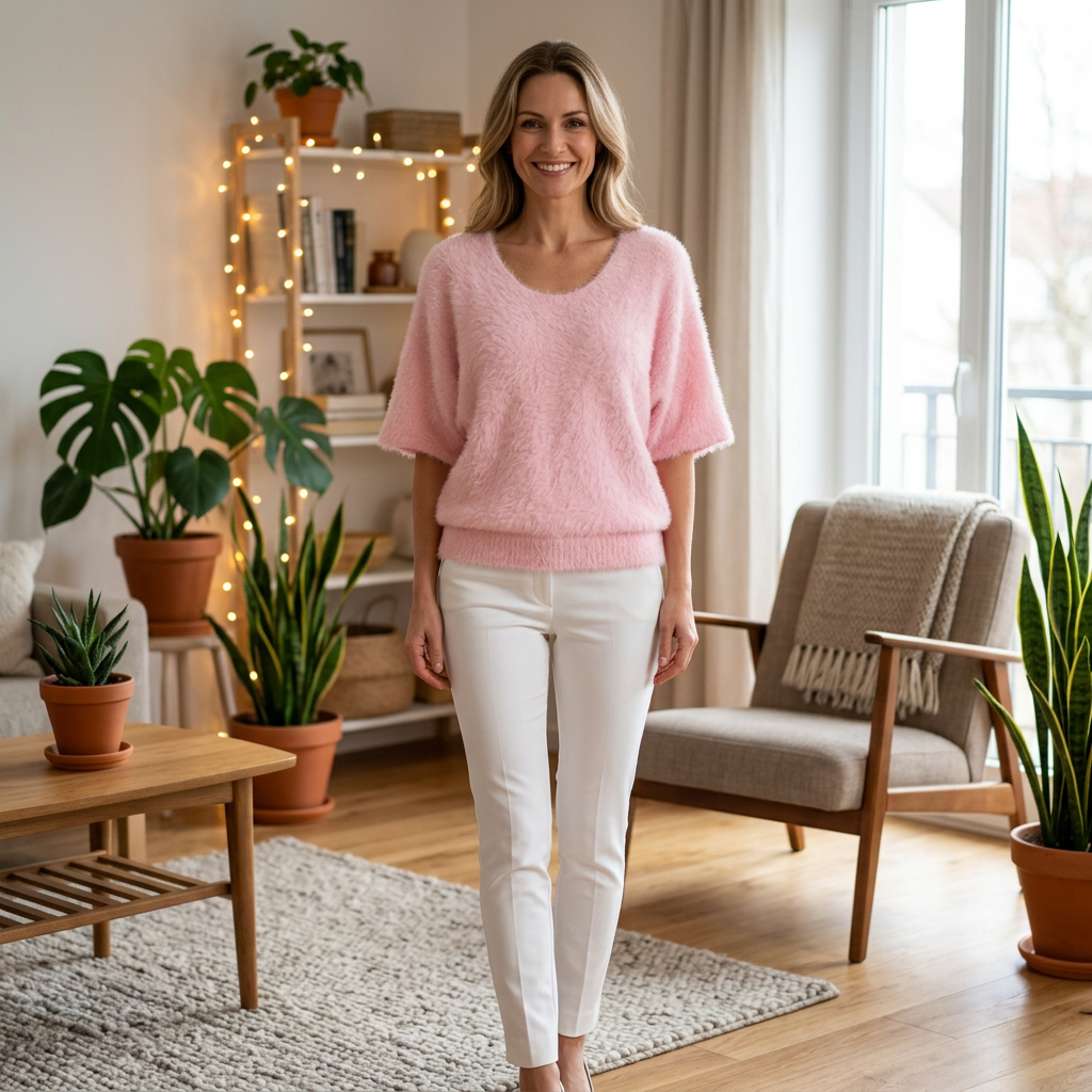 Feather yarn trui - modelka jasny różowy