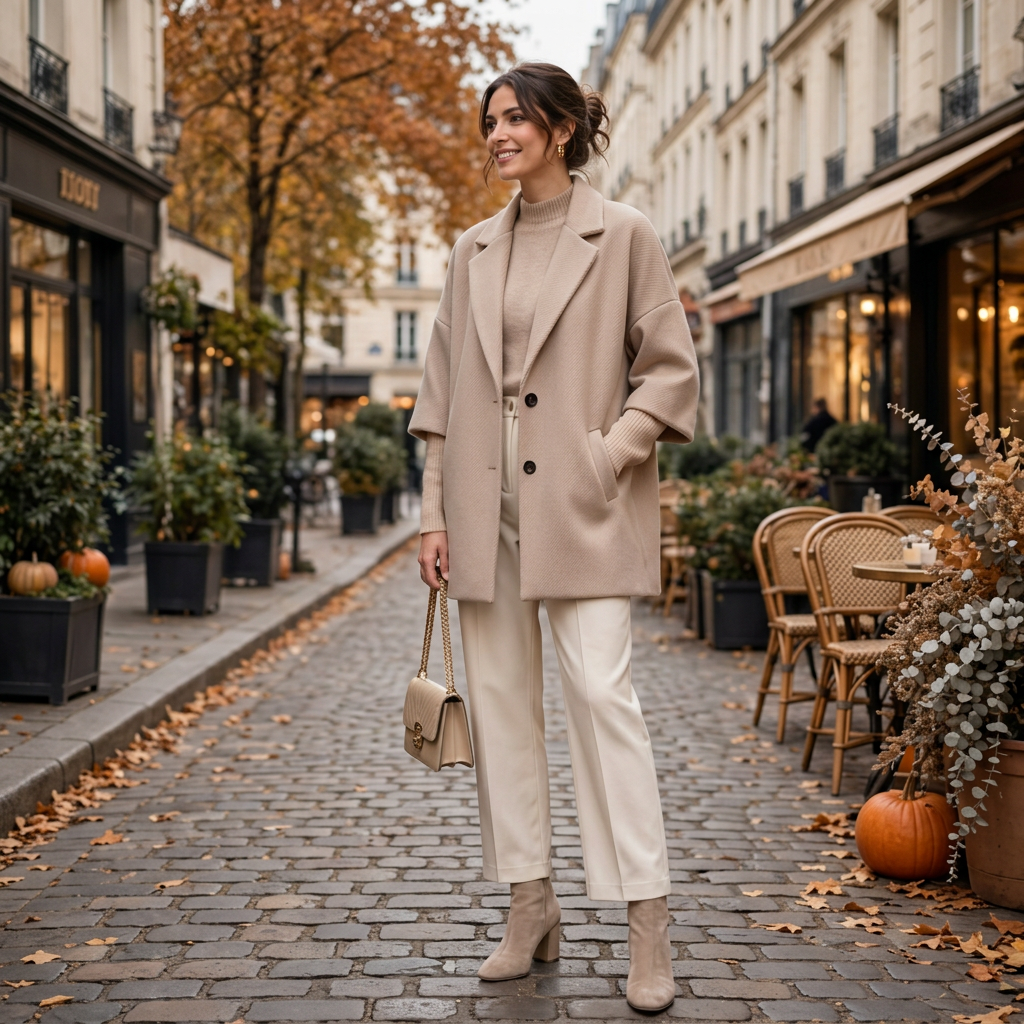 Modelka w beżowym płaszczu Ella Fashion