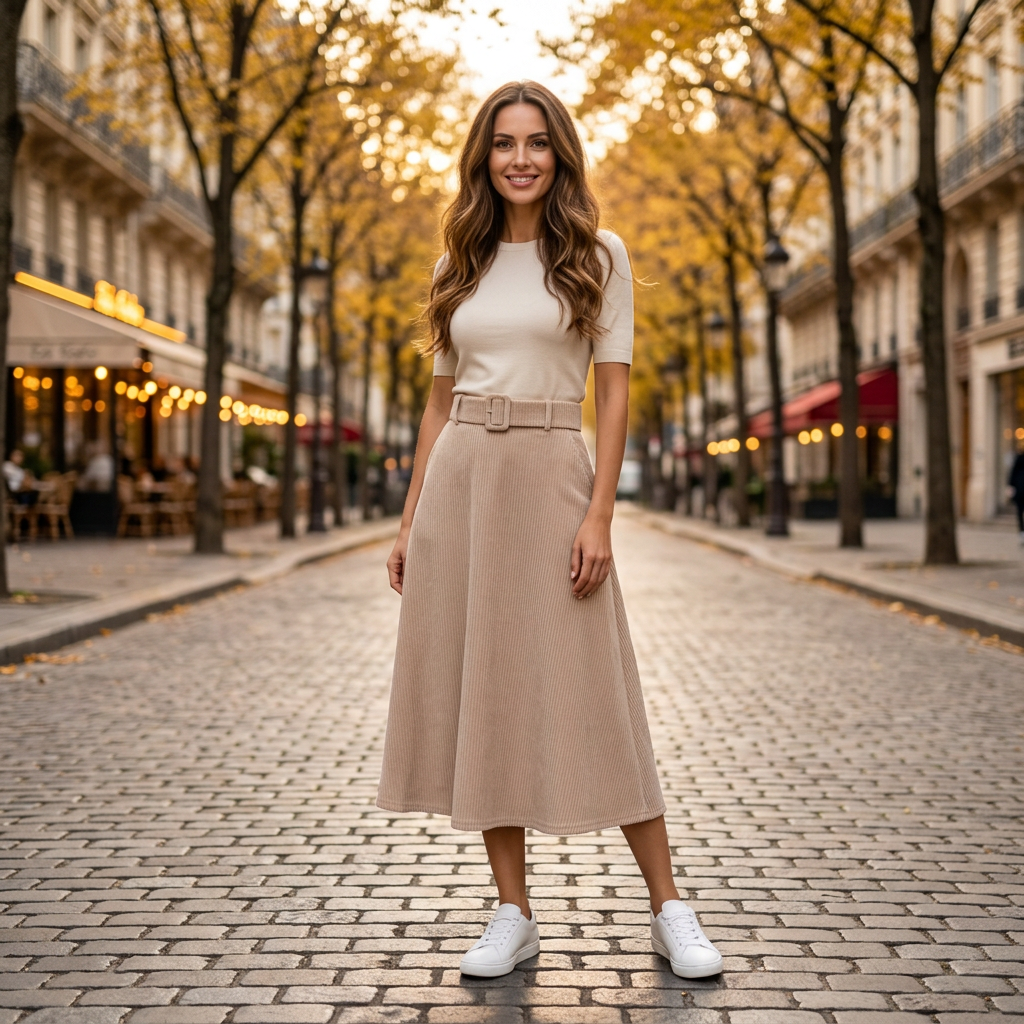 Modelka spódnica sztruksowa beżowa ulica paryska Ella Fashion