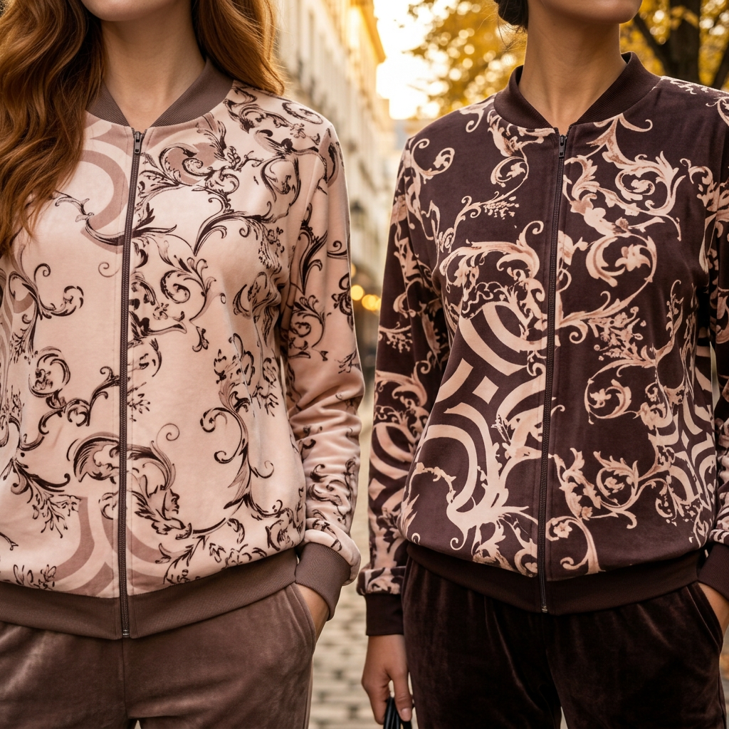Zbliżenie dwie bluzy welurowe barokowy wzór Ella Fashion