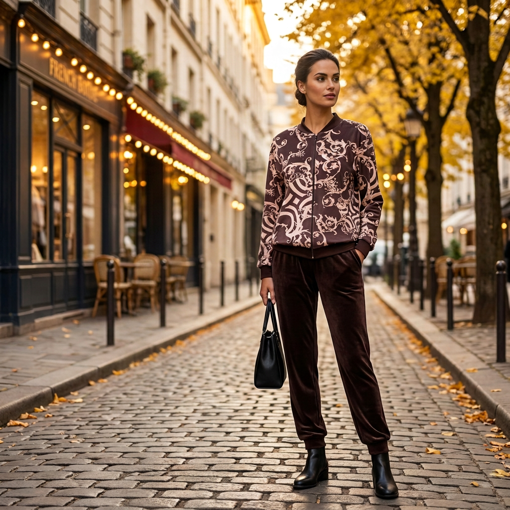 Modelka brązowy welurowy dres barokowy wzór Ella Fashion
