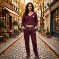 Bordeaux komplet gładka bawełna na modelce Ella Fashion
