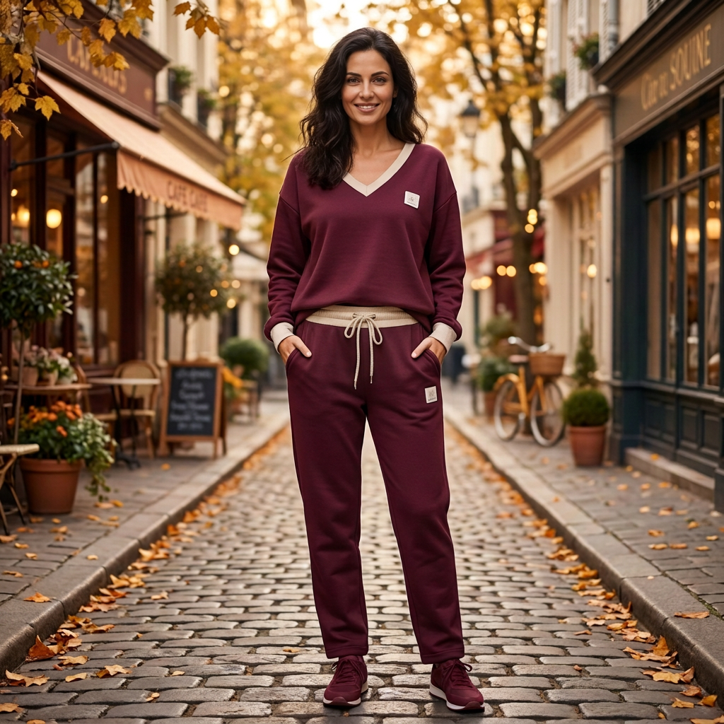 Bordeaux komplet gładka bawełna na modelce Ella Fashion