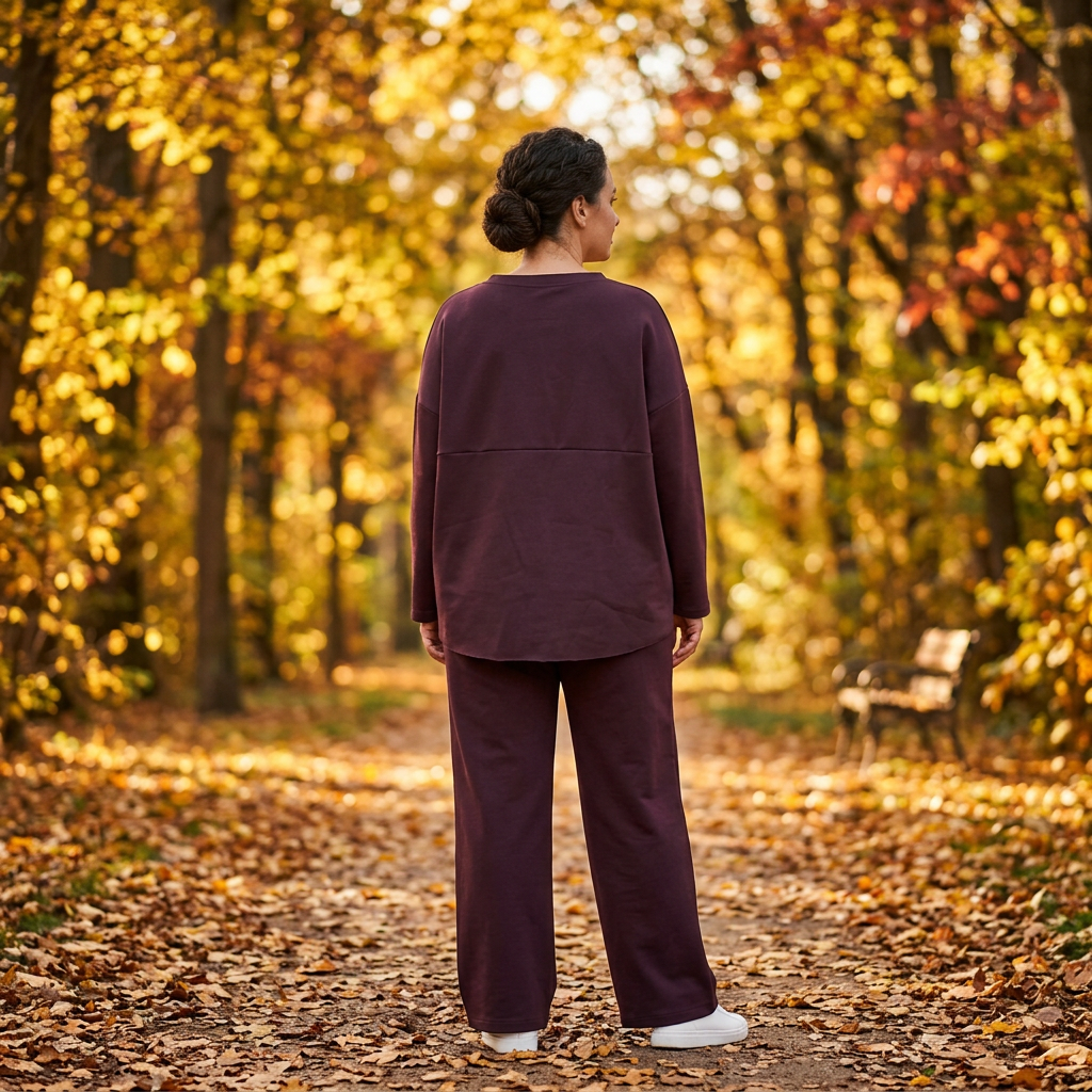 Modelka rozmiar 42 bordowy dres tył park jesień Ella Fashion