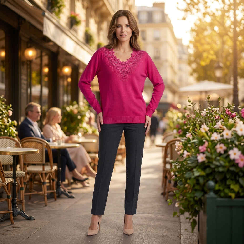 Trui met kant en glitterdetails - Fuchsia Roze