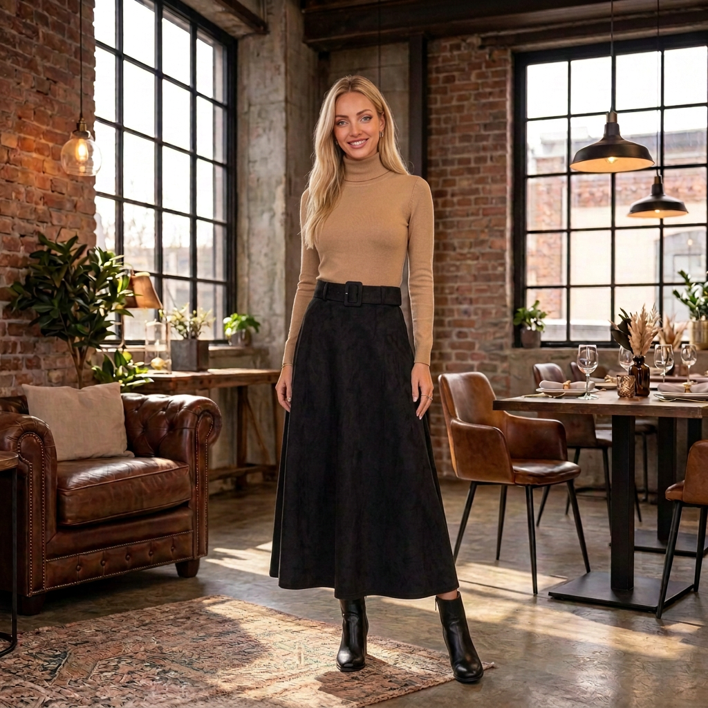 Modelka czarna spódnica zamszowa długa loft restauracja Ella Fashion