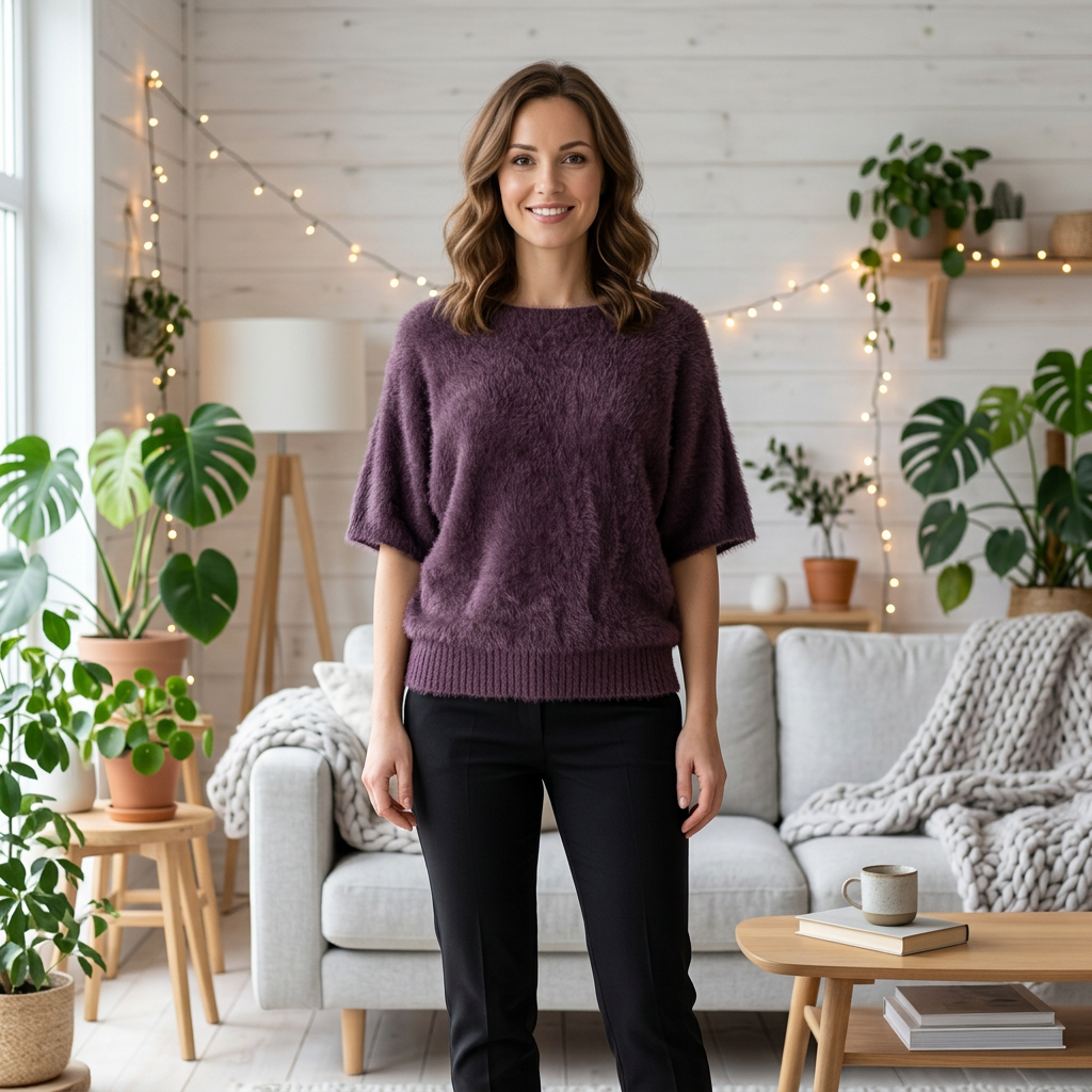 Feather yarn trui - modelka śliwkowy