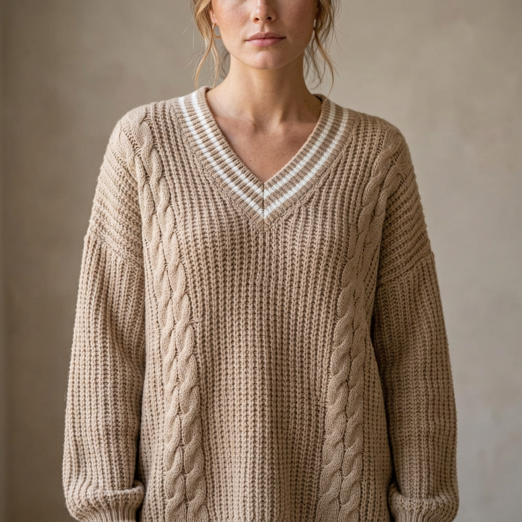 Oversized kabeltrui - dekolt V-hals detail
