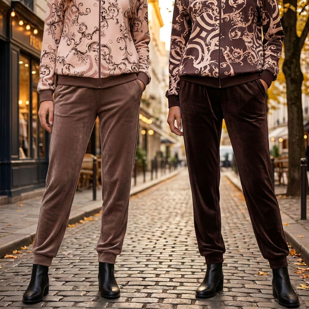 Zbliżenie spodnie welurowe dwa kolory bez torebek Ella Fashion