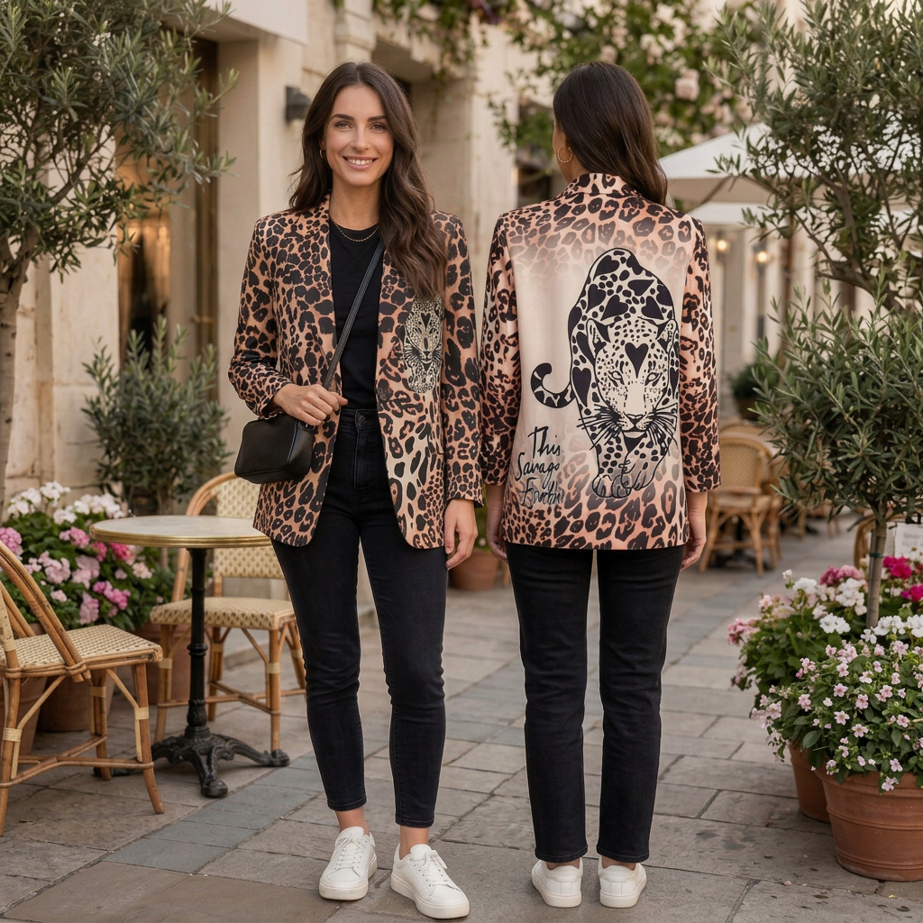 Żakiet leopard - dwie modelki kwadrat