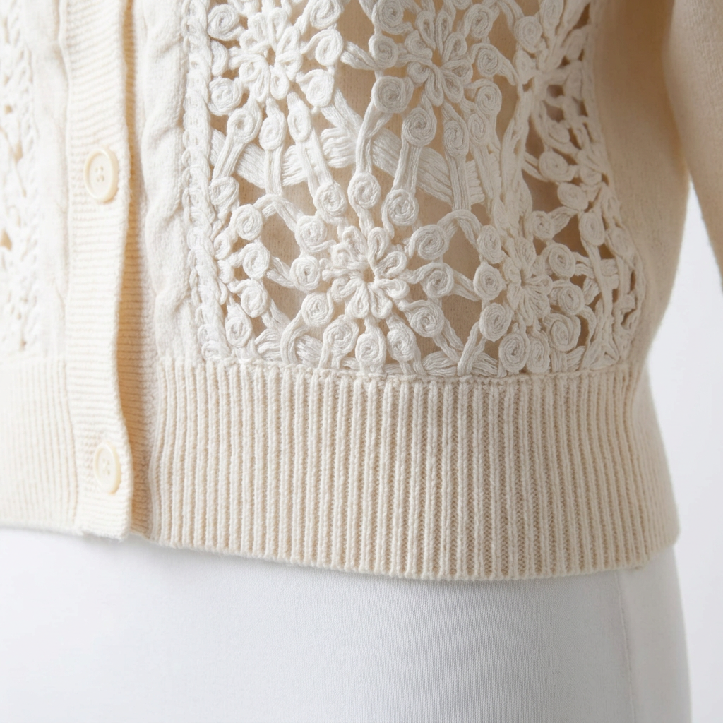 Vest met haakwerk - detail zoom en ribboord