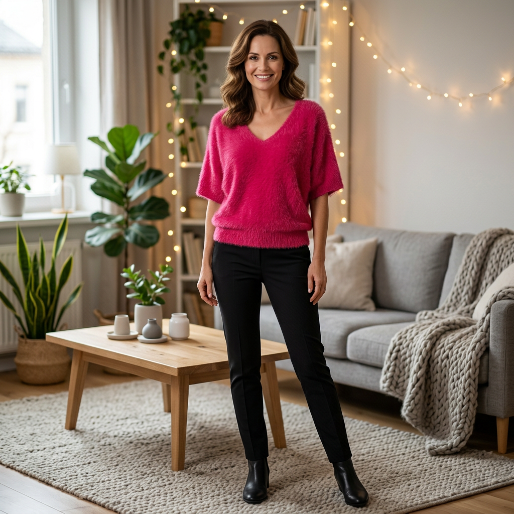 Feather yarn trui - modelka fuksja