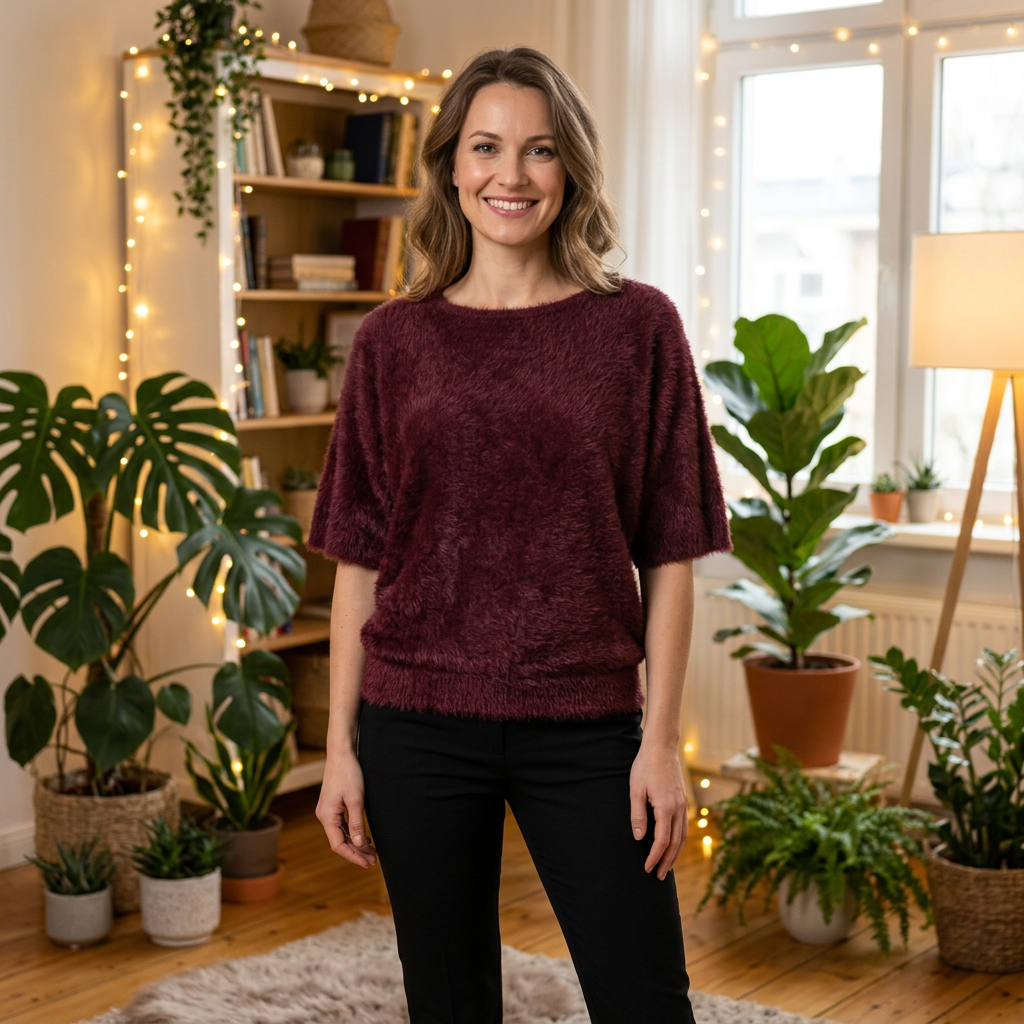 Feather yarn trui - modelka bordowy