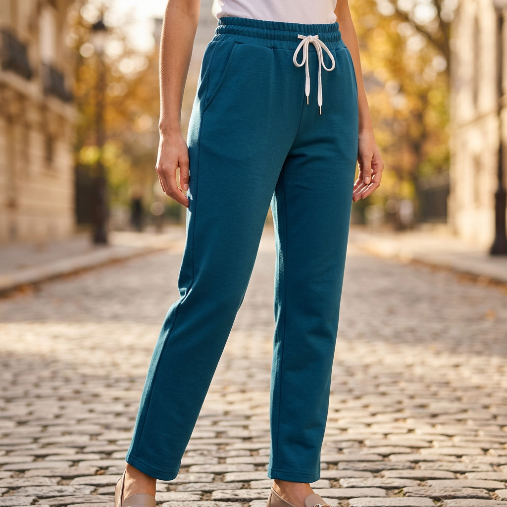 Petrol blauwe jogger broek wit sznurkiem Ella Fashion
