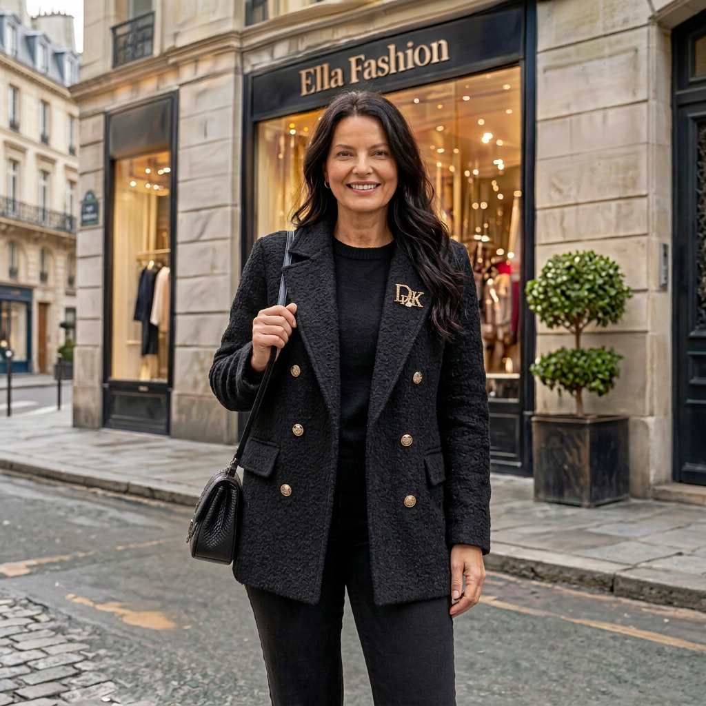 Boucle jas zwart - modelka Ella Fashion