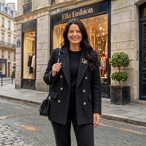 Boucle jas zwart - modelka Ella Fashion