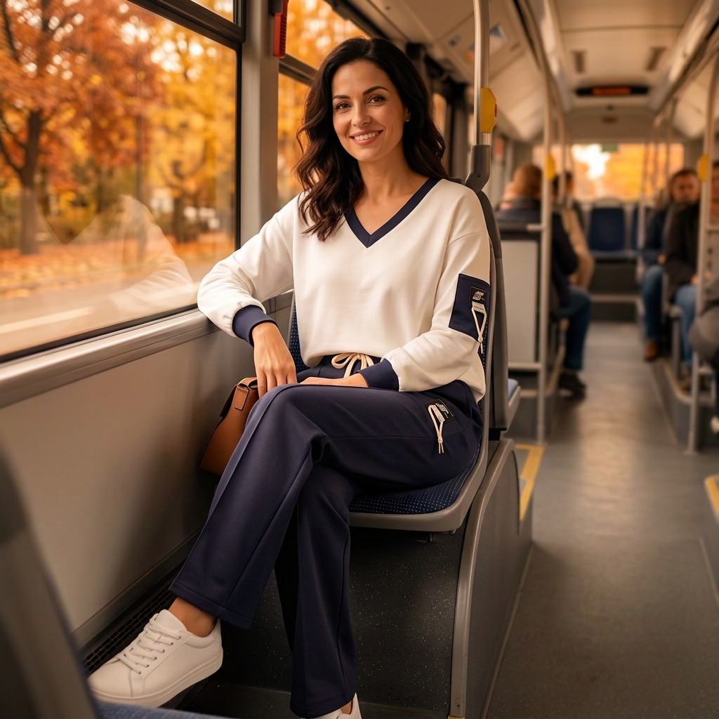 Modelka w biało-granatowym dresie w autobusie jesienne odcienie Ella Fashion