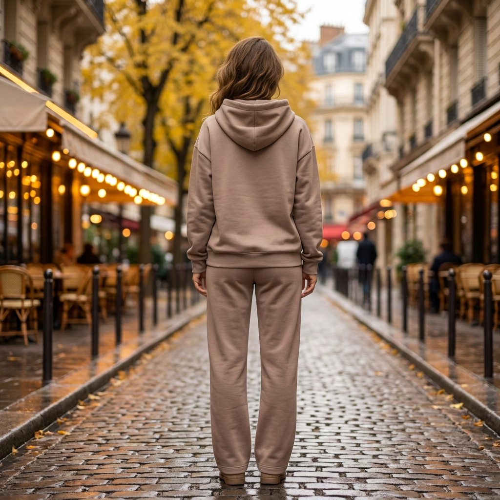 Modelka od tyłu kaptur beige casualpak hoodie Ella Fashion