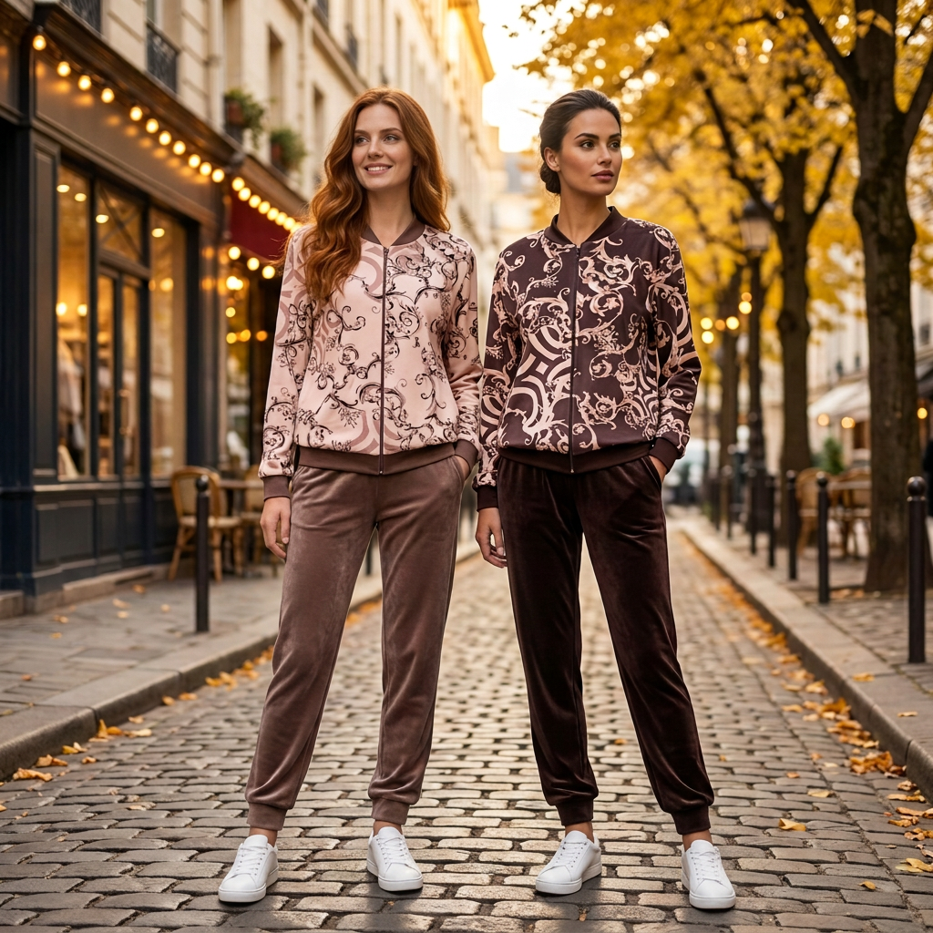 Dwie modelki welurowe dresy barokowy wzór bez torebek Ella Fashion