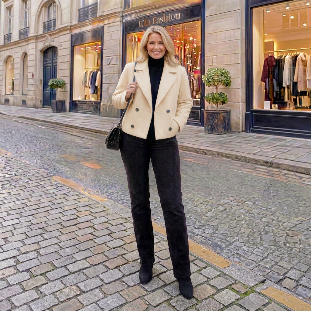 Korte jas creme - modelka Ella Fashion
