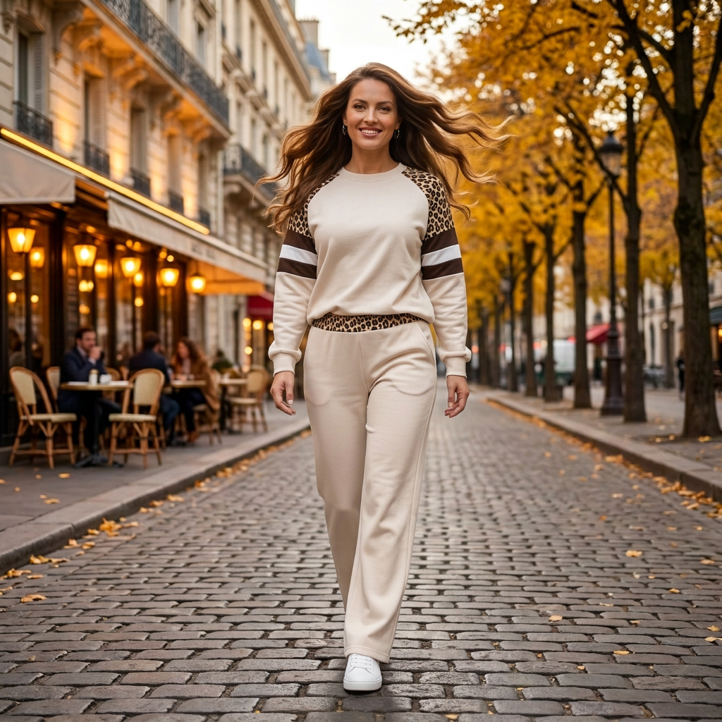 Modelka elegancki krok białe sneakers kremowy dres leopard ulica